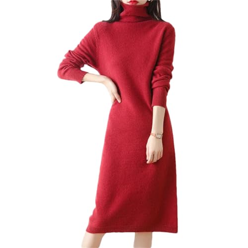 Vsadsau 100% Merinowolle Strickpullover Kleider Frauen Kaschmir Rollkragenpullover Knielänge Strickkleid, claret, XX-Large von Vsadsau