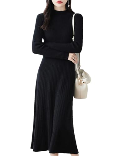 Vsadsau 100% Reine Merino Wolle Strickpullover Kleid Frauen Langarm Kaschmir Pullover Länger A Linie Kleider, Schwarz , XX-Large von Vsadsau