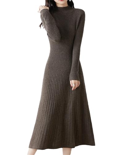 Vsadsau 100% Reine Merino Wolle Strickpullover Kleid Frauen Langarm Kaschmir Pullover Länger A Linie Kleider, coffee, M von Vsadsau