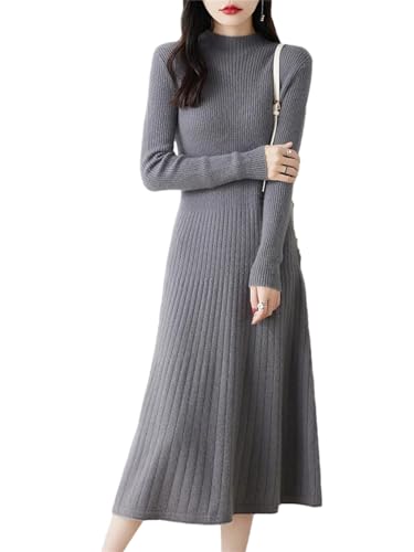 Vsadsau 100% Reine Merino Wolle Strickpullover Kleid Frauen Langarm Kaschmir Pullover Länger A Linie Kleider, gray9, XX-Large von Vsadsau