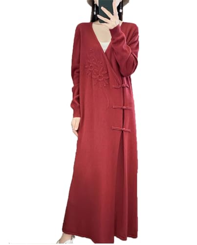 Vsadsau 100% reine Merinowolle Chinesische Pullover Kleider Langarm V-Ausschnitt Pullover Lose Plus Längeres Kleid, rot, X-Large von Vsadsau