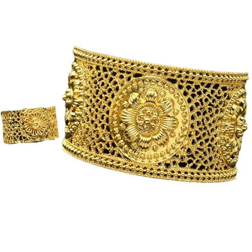 Vsadsau 24 Karat vergoldete Blumen-Armreifen mit Ring, nigerianischer Hochzeit, Brautschmuck, arabischer Schmuck, One Size, Kupfer, Ohne Edelstein von Vsadsau