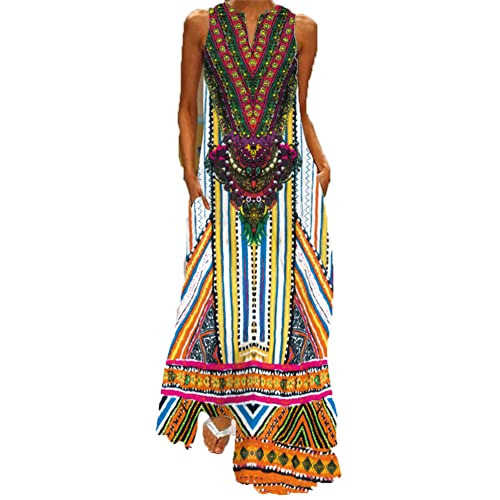 Vsadsau Afrikanisches Blumenmuster, ärmellos, langes Kleid, Frauen, Party, afrikanische Kleider, V-Ausschnitt, lässiges Strand-Maxikleid, Vlcq-85, L von Vsadsau