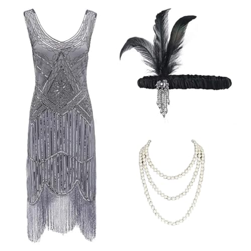 Vsadsau Damen 1920er Jahre Paisley Flapper Kleid Great Gatsby Pailletten Fransen Kleider 20er Jahre Zubehör Set, Graues Set, XX-Large von Vsadsau