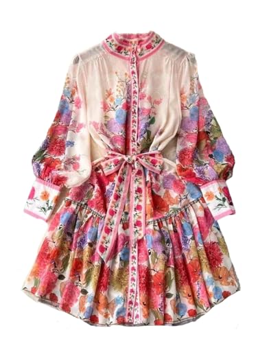 Vsadsau Damen Chiffon Blumendruck Kleid Langarm Stand Schnüren A Linie Strand Minikleider, rot, Small von Vsadsau