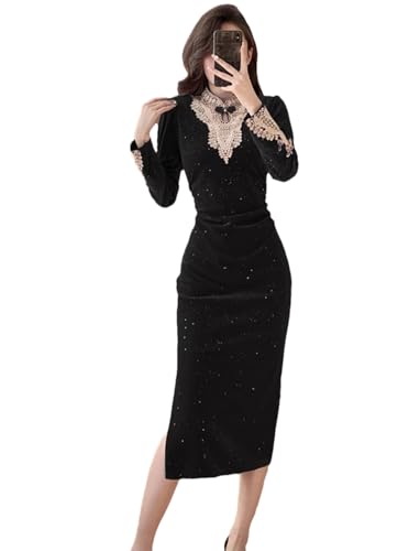 Vsadsau Damen Fleece Slim Kleid Bestickt Langarm Stehkragen Cheongsam Midi Kleider, Schwarz , XX-Large von Vsadsau