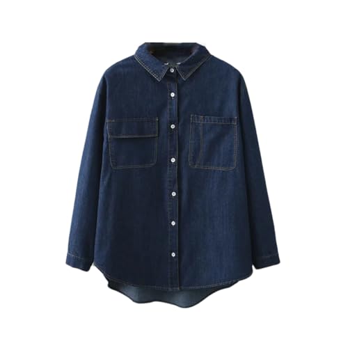 Vsadsau Damen Jeanshemd Frühling Herbst Asymmetrisch Revers Langarm Knopf Blusen Jacke, 9829 Deep Blue, XXX-Large von Vsadsau