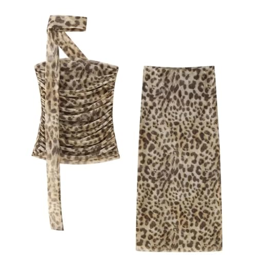 Vsadsau Damen Leopardenmuster Set Neckholder Plissee Tube Tops und Slim Long Rock Set Street Outfits, Leopardenanzug, S von Vsadsau