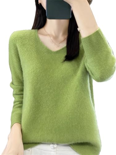 Vsadsau Damen-Pullover aus 100 % Merinowolle, nahtlos, einfarbig, V-Ausschnitt, leichter Pullover, Avocado Gn8, XXL von Vsadsau