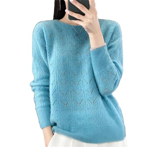 Vsadsau Damen Wollpullover Pullover Strickpullover Hohl Langarm Einfarbig Lose Warm Rundhalsausschnitt Top, seeblau, S von Vsadsau