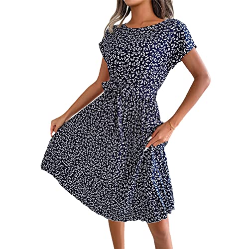 Vsadsau Floral Plissee A Linie Langes Kleid Damen Kurzarm Hohe Taille Gürtel Kleider, dunkelblau, L von Vsadsau