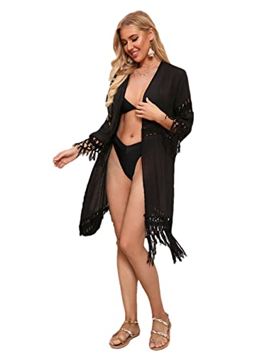 Vsadsau Fransen-Strandkleid, Sommer-Badeanzug, Cover-Up, gestrickter Kimono, gehäkelter Bademantel mit Quaste, Cardigan-Kleid, Schwarz , 46 von Vsadsau