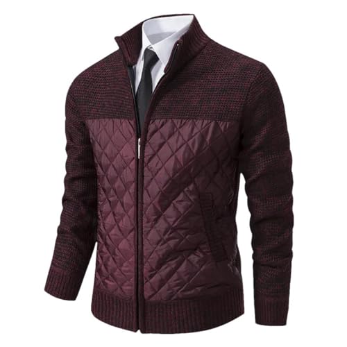 Vsadsau Herren Herbst Und Winter Strickjacke Pullover Patchwork Stehkragen Casual Reißverschluss Jacke Burgundy 3XL von Vsadsau