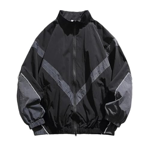 Vsadsau Herren Hip Hop Windbreaker Mantel gespleißt reflektierender Stehkragen Reißverschluss Jacke Baggy dünne Parkas, Schwarz , L von Vsadsau