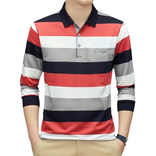 Vsadsau Männer Baumwolle Langarm Multi-Color Polo Shirt Gestreift Herbst Winter Männlichen Buiness Revers Shirt, Orange, XL von Vsadsau