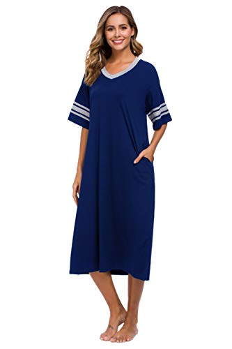 Vslarh Damen Nachthemd V Ausschnitt Strick Lange Nachtwäsche Kurzarm Weiche Loungewear mit Taschen S-XXL, dunkelblau, X-Large von Vslarh