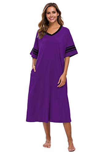Vslarh Damen Nachthemd V Ausschnitt Strick Lange Nachtwäsche Kurzarm Weiche Loungewear mit Taschen S-XXL, violett, X-Large von Vslarh