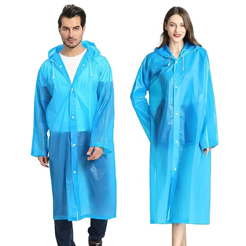 2 Stück Regenjacken Eva Regenbekleidung Regenponcho Wiederverwendbar Regenmantel Kordelzug Kapuze Regencape mit Kapuze Tragbarer Wasserdicht Unisex für Wandern, Camping und Reise, Blau von Vspek
