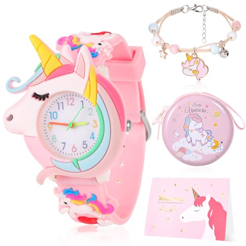 Vspek Kinderuhr Mädchen Kinder Armbanduhr Kinder Uhren Cute 3D Cartoon Mädchenuhr Silikon Stilvolle Uhrenarmband Kinderuhr für Mädchen ab 3-10 Jahre Mit Grußkarte, Geldbörse, Armband von Vspek