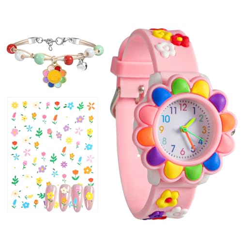 Kinderuhr Mädchen Kinder Armbanduhr Kinder Uhren für Mädchen Quarz Cute 3D Sonnenblumen Cartoon Mädchenuhr Silikon Stilvolle Uhrenarmband Kinderuhr für Mädchen 3-10 Jahre Mit Nagelaufkleber,Armband von Vspek