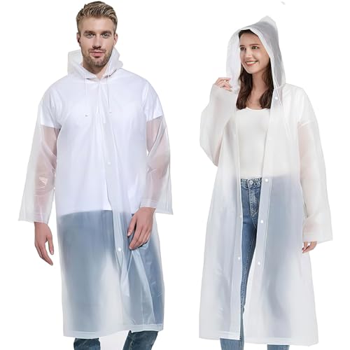 Vspek 2 Stück Regenjacken Eva Regenbekleidung Regenponcho Wiederverwendbar Regenmantel Kordelzug Kapuze Regencape mit Kapuze Tragbarer Wasserdicht Unisex für Wandern, Camping und Reise,Weiß von Vspek