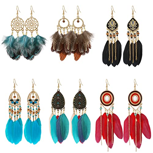 Vspek Bohemian Feder Ohrringe Set - Damen Ethnische Lange Bunte Fransen für Weihnachten, Valentinstag, Muttertag, Geburtstag Geschenk von Vspek
