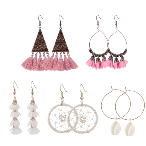 Vspek 5 Paar Bohemian Ohrringe, Damen Bohemian Fransen Feder Ohrringe Set, Ethnische Lange Bunte Fringe Ohrringe für Weihnachten Valentinstag Muttertag Geburtstag Geschenk (Rosa + weiß) von Vspek