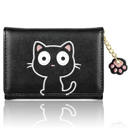 Vspek Damen Geldbeutel, Klein und im Kurzformat Portemonnaie Damen PU Leder RFID Schutz Mini Schön Portemonnaie mit Münzfach Geldbörse Weich Bequem Große Kapazität Geldbörse Kupplung,Schwarze Katze von Vspek