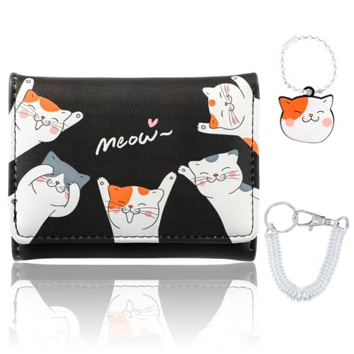 Vspek Damen Geldbeutel Klein und im Kurzformat Portemonnaie Damen PU Leder RFID Schutz Mini Schön Portemonnaie mit Münzfach Geldbörse Weich Bequem Große Kapazität Geldbörse Kupplung, Schwarze Katze von Vspek