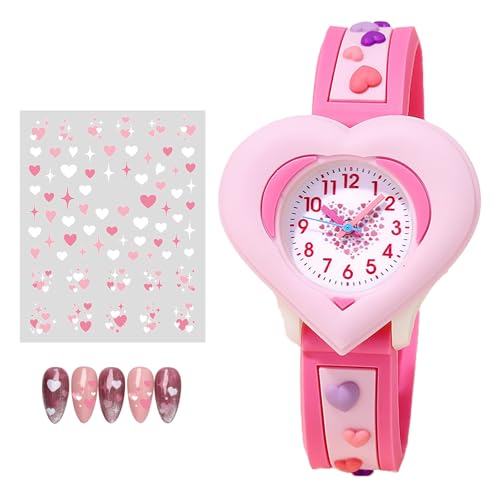 Vspek Kinderuhr Mädchen Kinder Armbanduhr Kinder Uhren für Mädchen Quarz Cute 3D Herzform Mädchenuhr Rosa Silikon Stilvolle Design Uhrenarmband Kinderuhr für Mädchen ab 3-10 Jahre Mit Nagelsticker von Vspek