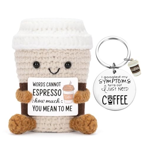 Vspek Pocket Hug Positive Kaffee, Kaffeetasse Schlüsselanhänger, Emotionale Unterstützung Häkeln Kaffee mit Positiver Energiekarte, Mutmacher Geschenkideen für Kaffeeliebhabe, Familie, Freundin von Vspek