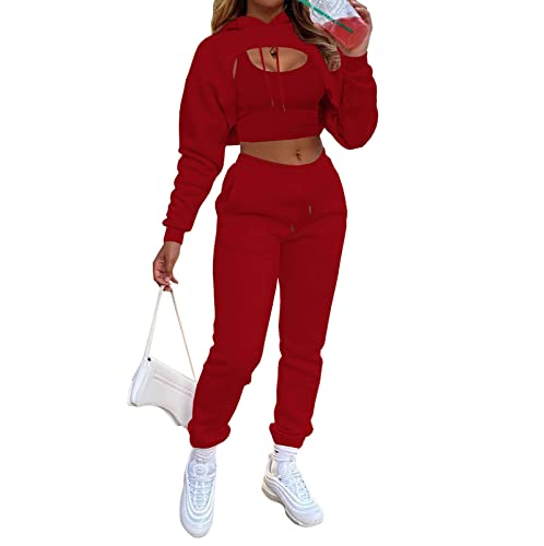 Vssjavun Damen Sexy 3-teilige Trainingsanzüge - Langarm Pullover Crop Top Hoodie + Tank Top + Kordelzug Lange Hose Sweatsuit, Rot/Ausflug, einfarbig (Getaway Solids), Medium von Vssjavun