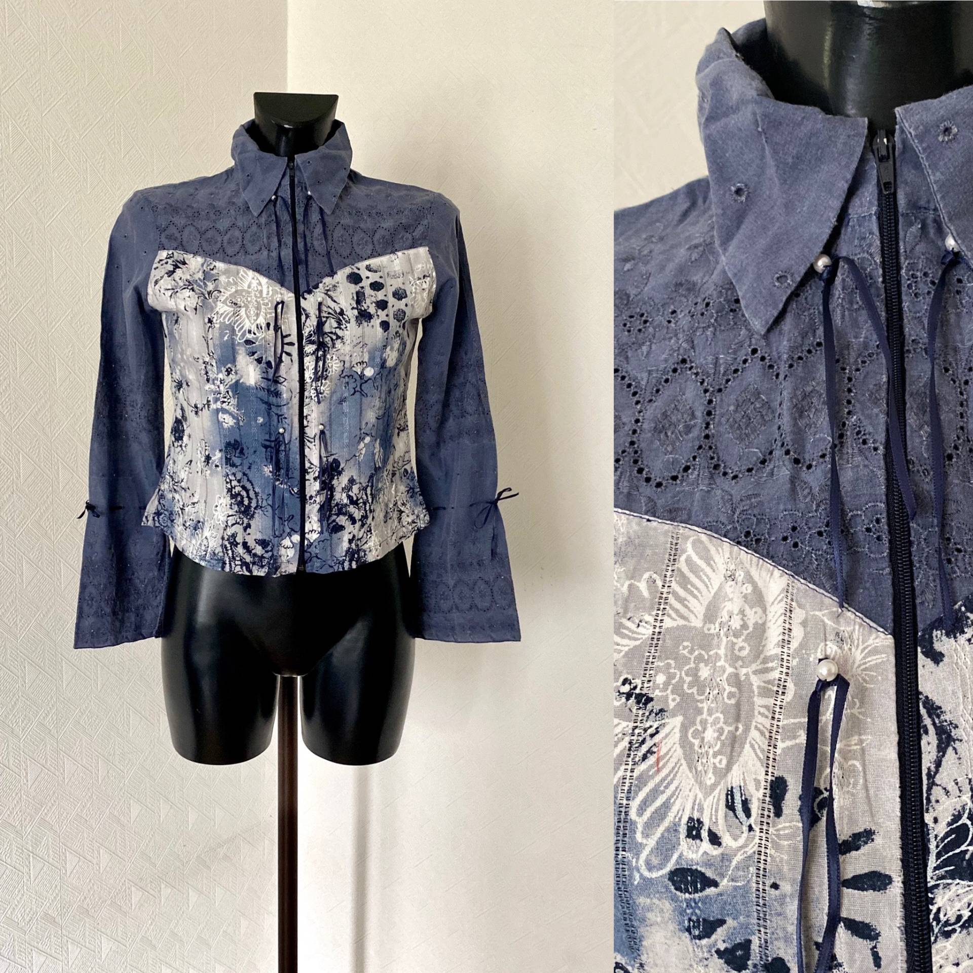 Vtg Damen Blau Bluse Besticktes Ombre Shirt Langarm Hell Jacke Baumwolle Spitze Boho Floral Muster Größe S von VtgHeaven