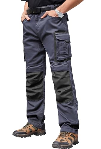 Vthereal Arbeitshose Herren Arbeitshosen Männer mit vielen Taschen und extra verstärktem Bundhose mit Kniepolster-Taschen Cargohose, Grau, XL von Vthereal