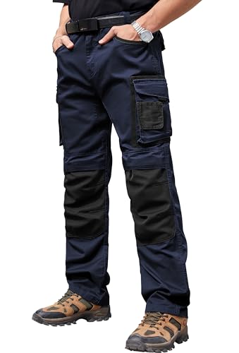 Vthereal Arbeitshose Herren Arbeitshosen Männer mit vielen Taschen und extra verstärktem Bundhose mit Kniepolster-Taschen Cargohose, Marine, M von Vthereal