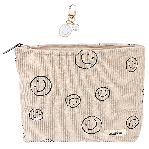 Vueinrg Kosmetiktasche Smiley Kulturbeutel Cord mit Lächeln-Gesicht Make Up Bag Aesthetic Waschtasche für Reisen Kinder Mädchen Damen mit 1 Stück Smiley-Anhänger (25 x 18 cm, Beige) von Vueinrg