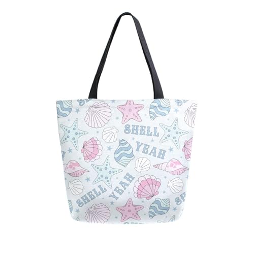 Vuiyean Canvas-Tragetasche für Damen, Motiv: Muschel mit Muschel, Seestern, mit Reißverschlusstasche, wiederverwendbare Einkaufstasche, große Reise-Umhängetasche, Handtasche von Vuiyean