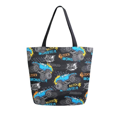 Vuiyean Einkaufstasche aus Segeltuch für Damen, Motiv: Monster-Truck, Auto, mit Reißverschlusstasche, wiederverwendbar, groß, Reise-Schultertasche, Handtasche, Blau und Schwarz von Vuiyean