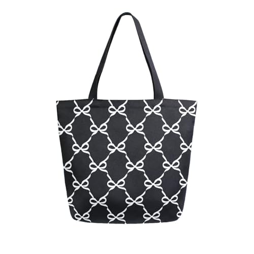 Vuiyean Süße weiße Schleife, schwarze Canvas-Tragetasche für Damen, mit Reißverschlusstasche, wiederverwendbare Einkaufstasche, große Reise-Umhängetasche, Handtasche von Vuiyean
