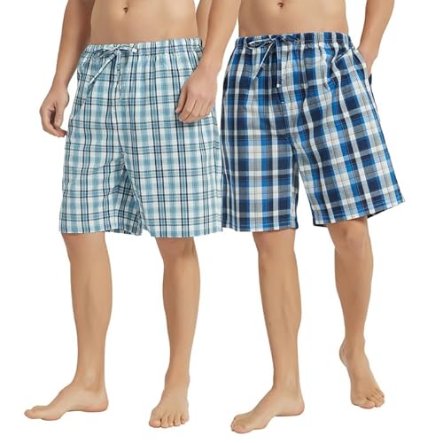 Vulcanodon 2-er Pack Schlafhose Herren kurz Schlafanzughose kariert Pyjamahose Schlafshorts Pyjama Shorts (Königsblau+ Wasserblau, L) von Vulcanodon