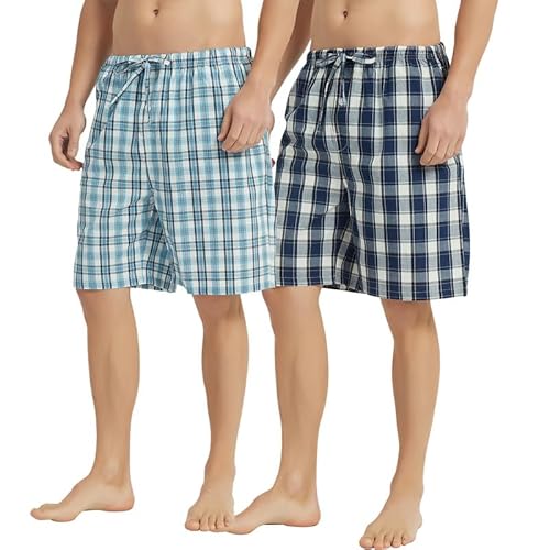 Vulcanodon 2-er Pack Schlafhose Herren kurz Schlafanzughose kariert Pyjamahose Schlafshorts Pyjama Shorts (Marineblau+ Wasserblau, L) von Vulcanodon
