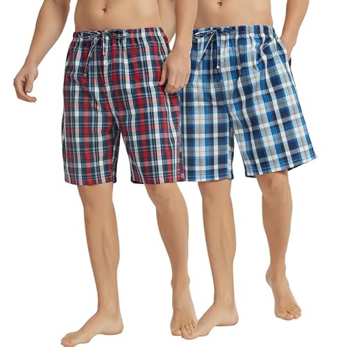 Vulcanodon 2-er Pack Schlafhose Herren kurz Schlafanzughose kariert Pyjamahose Schlafshorts Pyjama Shorts (Rot-Blau+ Königsblau, L) von Vulcanodon