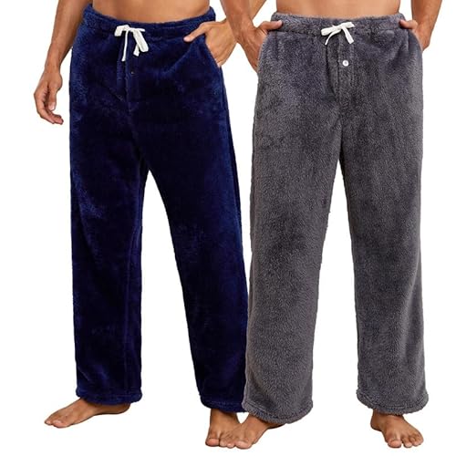 Vulcanodon 2er Pack Pyjamahose Herren lang Plüsch weiche Schlafanzughosen für Herren warme Fleece Schlafhose Pyjama Hosen flauschige Schlafanzug Hose (Marineblau+Dunkelgrau, 2XL) von Vulcanodon