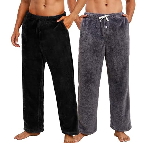 Vulcanodon 2er Pack Pyjamahose Herren lang Plüsch weiche Schlafanzughosen für Herren warme Fleece Schlafhose Pyjama Hosen flauschige Schlafanzug Hose (Schwarz+Dunkelgrau, L) von Vulcanodon