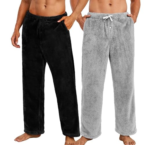 Vulcanodon 2er Pack Pyjamahose Herren lang Plüsch weiche Schlafanzughosen für Herren warme Fleece Schlafhose Pyjama Hosen flauschige Schlafanzug Hose (Schwarz+Hellgrau, M) von Vulcanodon