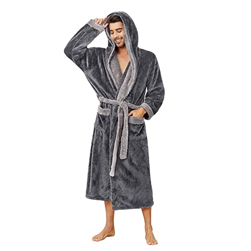 Vulcanodon Bademantel Herren mit Kapuze flauschig voller Länge Plüsch Morgenmantel Männer Fleece (Dunkelgrau/Hellgrau, 2XL/3XL) von Vulcanodon