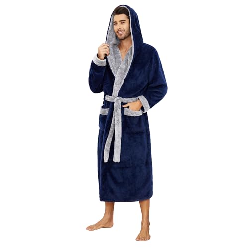 Vulcanodon Bademantel Herren mit Kapuze voller Länge Plüsch Bademantel Männer lange Fleece Bademantel Morgenmantel flauschig (Marineblau/Hellgrau, S/M) von Vulcanodon