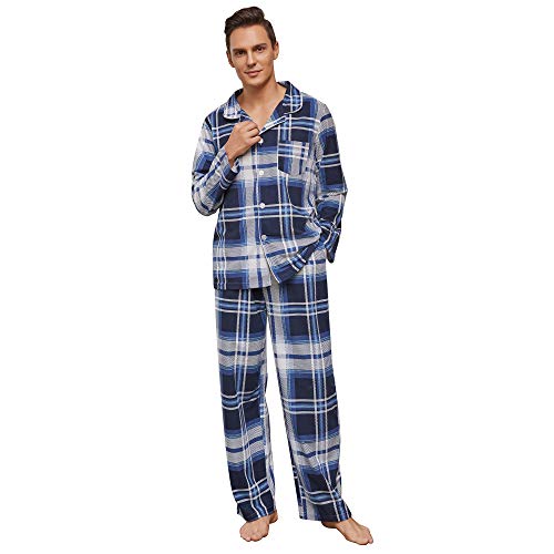 Vulcanodon Herren Pyjama Set karriert, Schlafanzug Herren weicher Druck Pyjamas für Männer, leichte warme Pyjamas mit Taschen (Blau-Weiß Kariert, M) von Vulcanodon