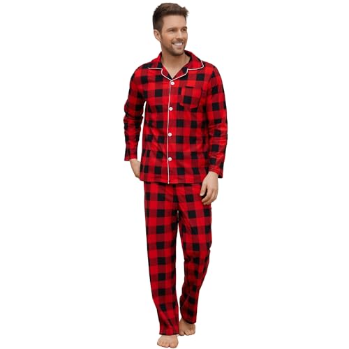 Vulcanodon Herren Pyjama Set karriert, Schlafanzug Herren weicher Druck Pyjamas für Männer, leichte warme Pyjamas mit Taschen (Büffelkaro-Rot, XL) von Vulcanodon