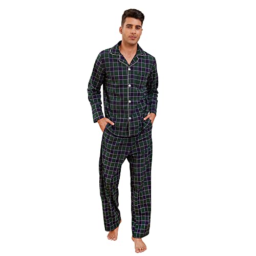 Vulcanodon Herren Pyjama Set karriert, Schlafanzug Herren weicher Druck Pyjamas für Männer, leichte warme Pyjamas mit Taschen (Dunkelblau-Grün Kariert, M) von Vulcanodon